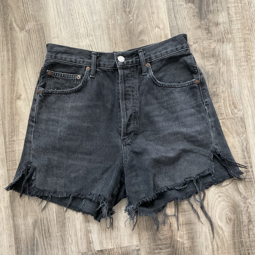 Agolde Dee Short in Divise Ultra High Rise Black Denim Jean Shorts Raw Hem